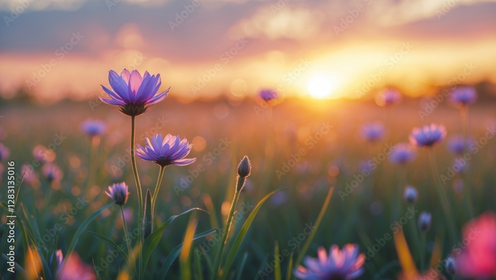 Poster serene sunset over a field of flowers with soft focus and bokeh effect creating a tranquil and pictu