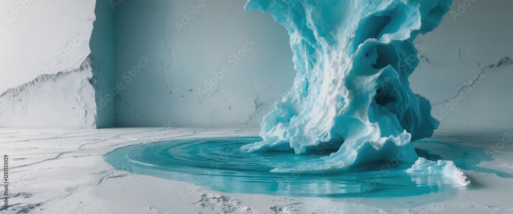 Aufkleber dynamic abstract art of turquoise fluid form in stark white concrete environment, ideal for modern d
