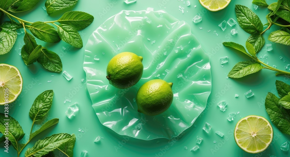 Poster limes and mint leaves arranged on a mint green background with ice cubes creating a refreshing summe