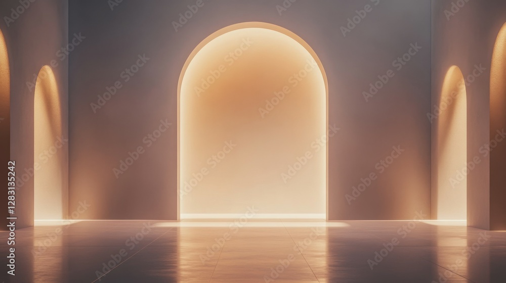 Aufkleber a minimalist stage with an archway, illuminated by soft light, creating a serene atmosphere.