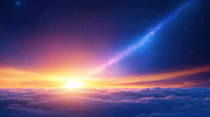 Fototapeta premium A stunning cosmic scene featuring a vibrant sunrise above clouds, illuminated by colorful rays and a hint of a celestial body in the background.