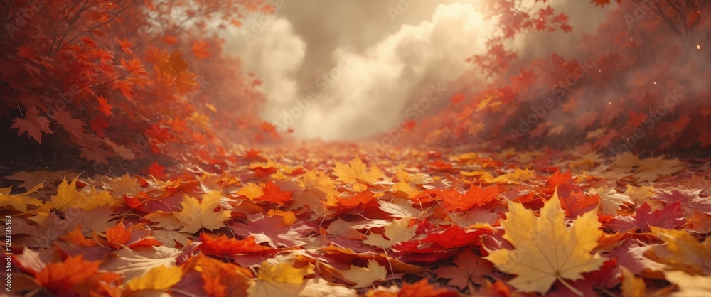 Poster colorful autumn maple leaves blanketing a serene path under soft sunlight and mist creating a peacef