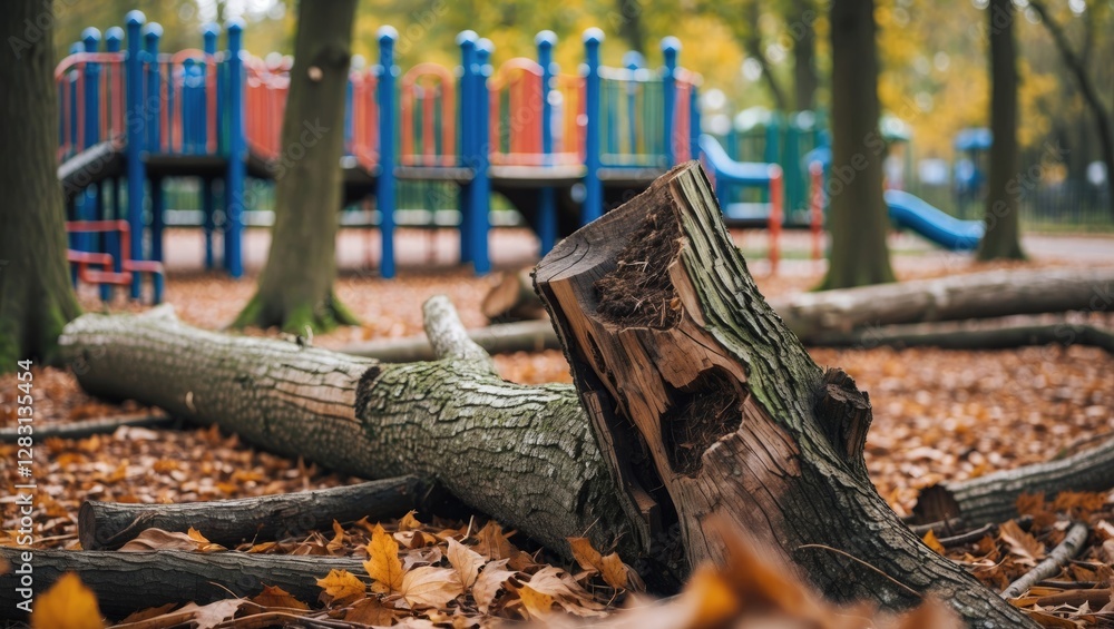 Poster fallen trees in a playground setting showcasing wood textures and autumn leaves with colorful play e