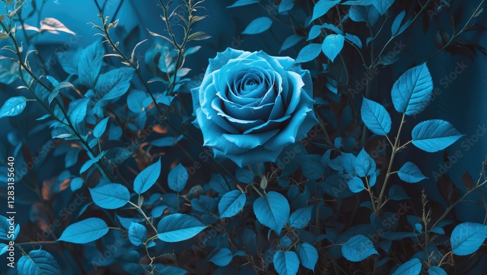 Poster trendy aquamarine rose with lush foliage creating a modern abstract texture perfect for design and c