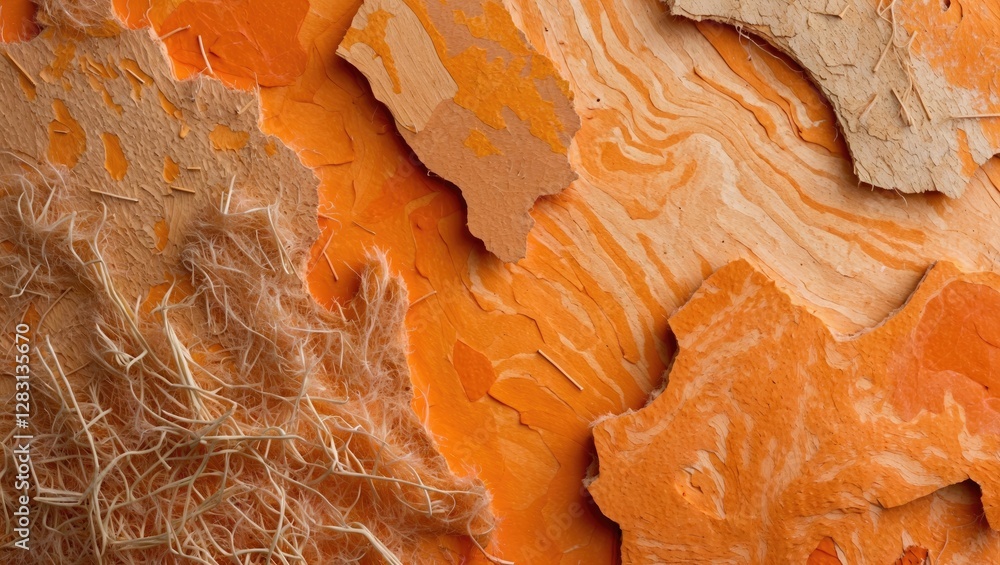 Poster abstract texture of orange-toned fiber chipboard with layered patterns and natural elements for crea