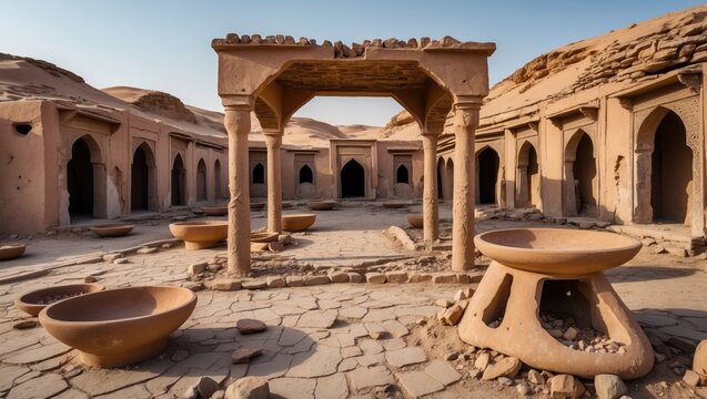 Abandoned clay caravanserai in Iran's desert showcasing ancient architecture and historical significance of traditional trade routes.