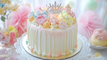 Whimsical birthday celebration featuring a white cake with pastel floral decorations and a beautiful tiara.