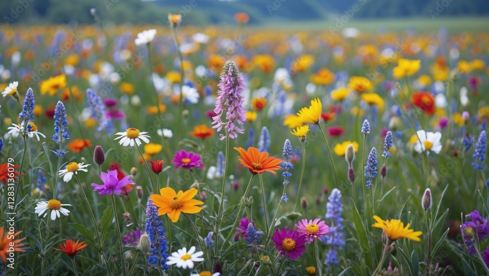 Poster vibrant wildflower field in full bloom showcasing a diverse array of colorful blossoms under a clear