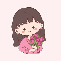 Cute cartoon avatar illustration of a young girl with long hair and rosy cheeks, smiling sweetly against a pastel background.