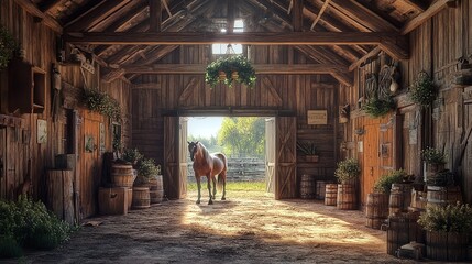 a well maintained indoor wooden stable inside a ranch barn where a horse is groomed and cared for in the calm and traditional setting of rural farm life