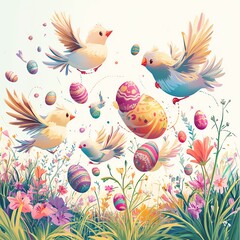 Colorful birds fly around decorated eggs in a vibrant, floral spring landscape.
