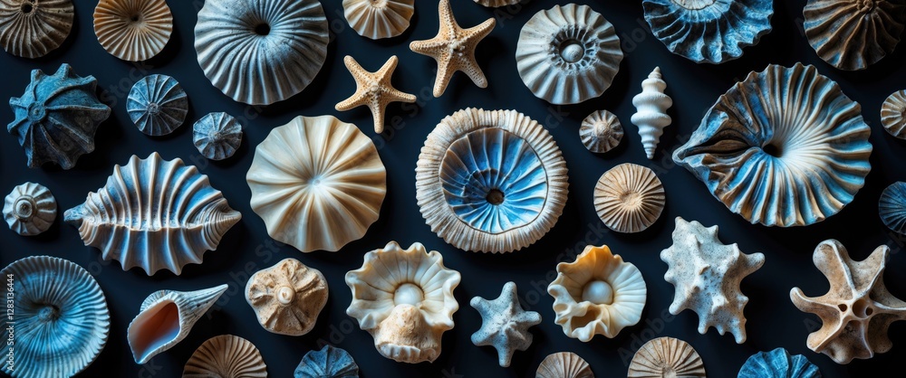 Poster close-up arrangement of various fossilized sea life on a dark background showcasing intricate textur