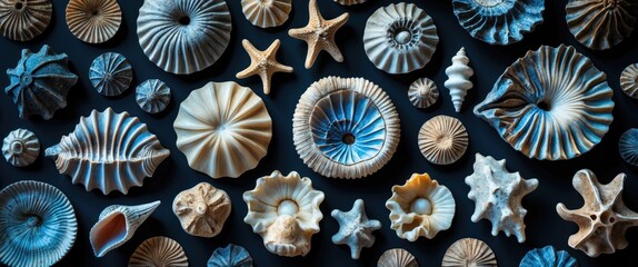 Close-up arrangement of various fossilized sea life on a dark background showcasing intricate textures and natural patterns.