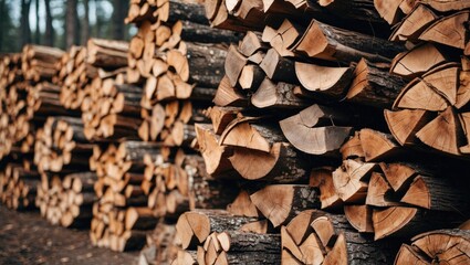 Stacks of firewood in a woodpile showcasing natural textures and patterns in a serene forest setting perfect for outdoor and seasonal themes.
