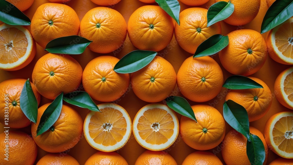 Poster vibrant arrangement of fresh oranges and slices with green leaves creating a natural textured backgr