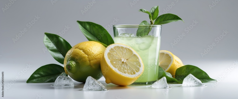 Poster refreshing lemonade with fresh lemons and ice on white background with copy space for beverage or re