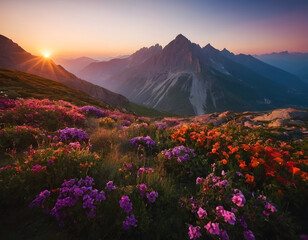 Obraz premium Mountain landscape with colorful flowers, sad sunset over the mountains.