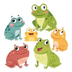 Obraz premium Five Colorful Cartoon Frogs Illustration , Cute, Amphibians, Frog Illustration Amphibians, Cartoon
