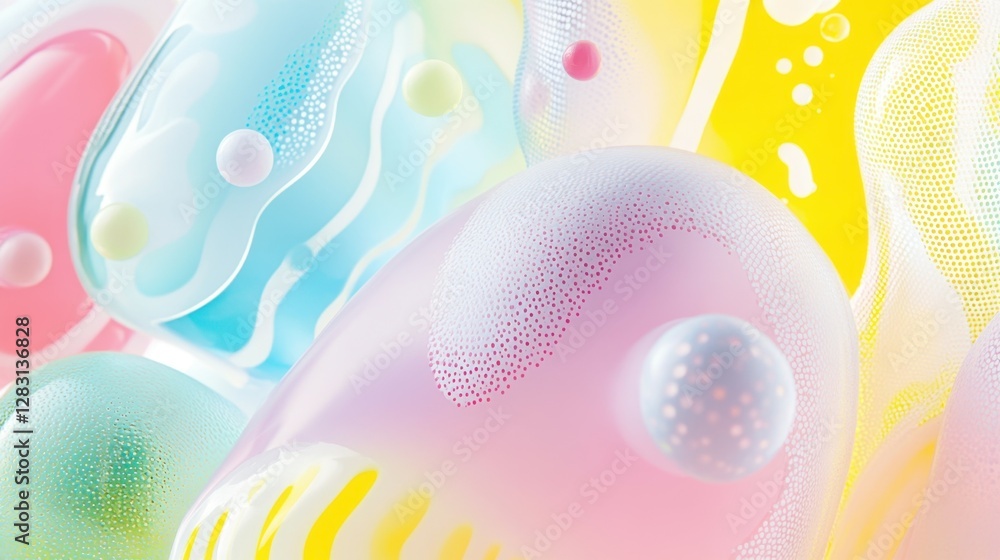 Poster assortment of stylish blobs in pink, yellow, blue, and green, showcasing dynamic hatched liquid patt