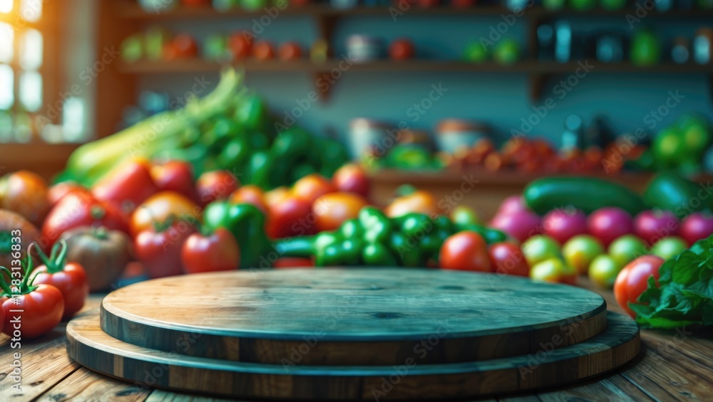 Poster empty round cutting board on wooden table surrounded by vibrant ripe vegetables in a blurred backgro