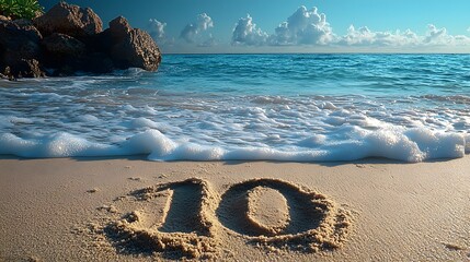 Minimalist and Serene Hand Drawn Number 10 Etched in the Sand on a Tranquil Beach Backdrop  This Peaceful Coastal Landscape Image Conveys a Sense of Simplicity Relaxation and Natural Tranquility