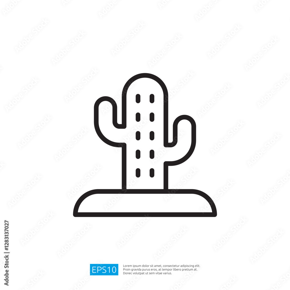 Poster cactus icon in minimalist line art style representing desert flora and nature in a simple graphic de