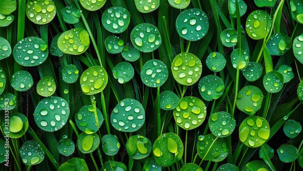 Poster vibrant green water pennywort leaves with dew drops creating a lush and overlapping pattern on folia