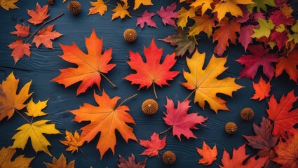 Vibrant autumn leaves in shades of red, orange, and yellow scattered on a dark wooden surface, creating a festive seasonal atmosphere.