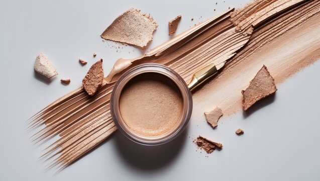 Flat lay composition of broken light beige eyeshadow and brush strokes showcasing beauty product textures on a clean white background