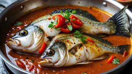 Spiced Fish Platter with Braised Plaice in Rich Sauce Garnished with Chili and Herbs on Table with Space for Text.