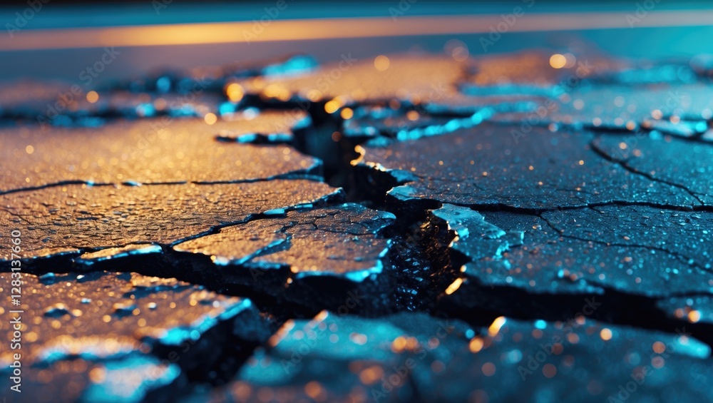 Aufkleber close-up view of cracked asphalt surface highlighting texture and reflection under ambient lighting 