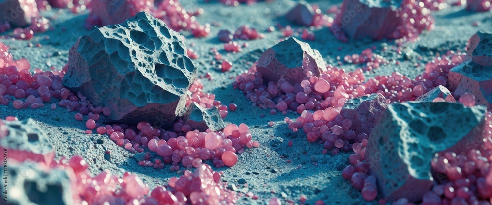 Poster intriguing textured quartzite surface with pink mineral formations creating a captivating natural la