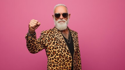 Naklejka premium Photo of cool old man winning raise fist wear glamour leopard print outfit isolated pink color background