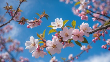 Cherry blossom branches against a clear blue sky showcasing the beauty of springtime flowers in full bloom.