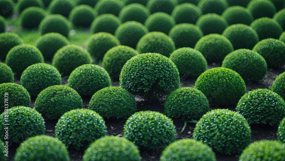 Poster lush green spherical topiary plants creating a neat pattern in a garden setting showcasing vibrant h