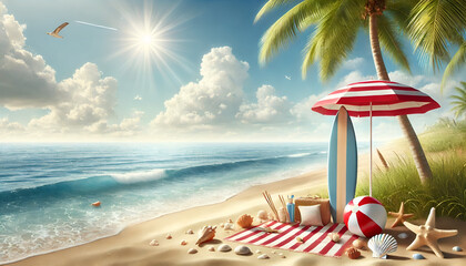 tropical beach vacation setup, summer holiday by the ocean, beach essentials for a fun day, scenic seaside relaxation, paradise island getaway, vibrant summer adventure.