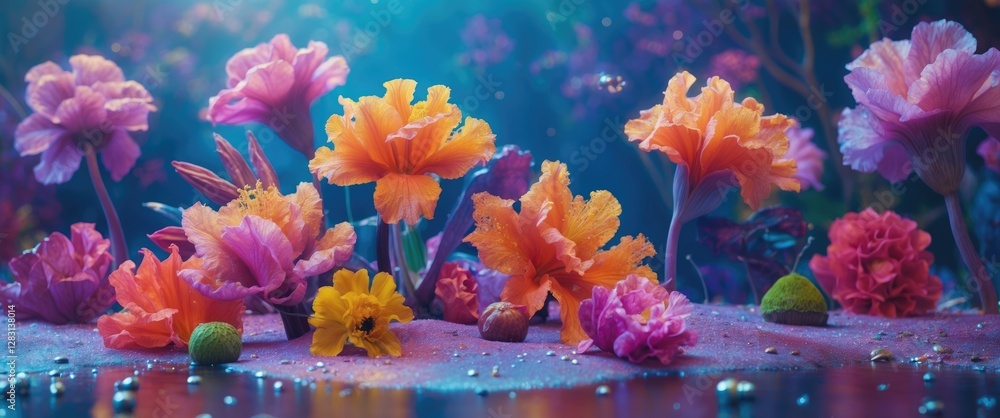 Poster vibrant flowers in a mystical garden setting with colorful petals creating an enchanting atmosphere 