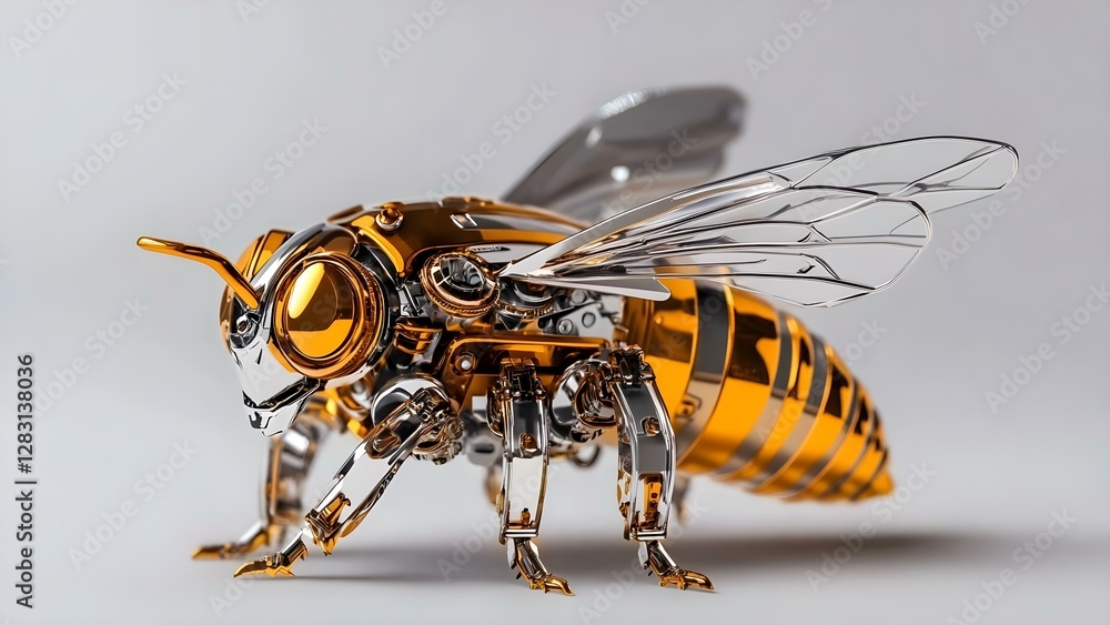 Poster a futuristic robot designed to resemble a bee, featuring metallic components and a sleek, shiny appe