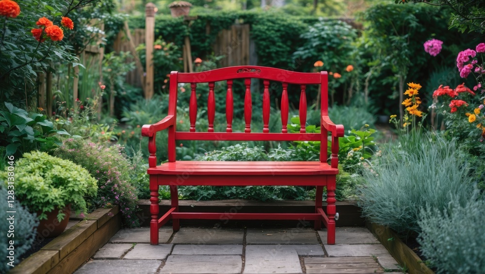 Poster Charming red wooden bench in a vibrant garden surrounded by colorful flowers and lush greenery, perfect for relaxation and outdoor aesthetics.