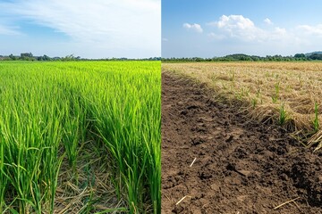 Rice paddy field, harvest,  plowed soil,  clear blue sky