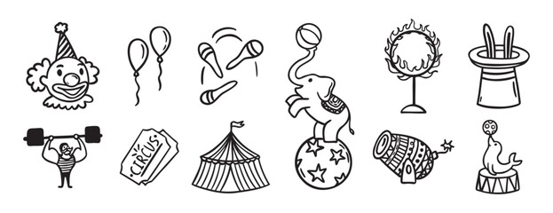 Circus doodle hand drawn icon set. Outline drawing circus line clipart symbol collection © Yanka