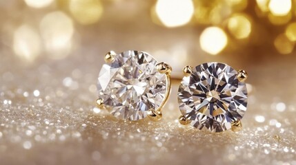 A pair of round diamond stud earrings resting on a flat polished stone background, white and gold color scheme.
