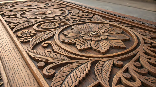 Wooden surface with intricate flower carvings fills viewer with awe and appreciation of craftsmanship, detailed traditional art