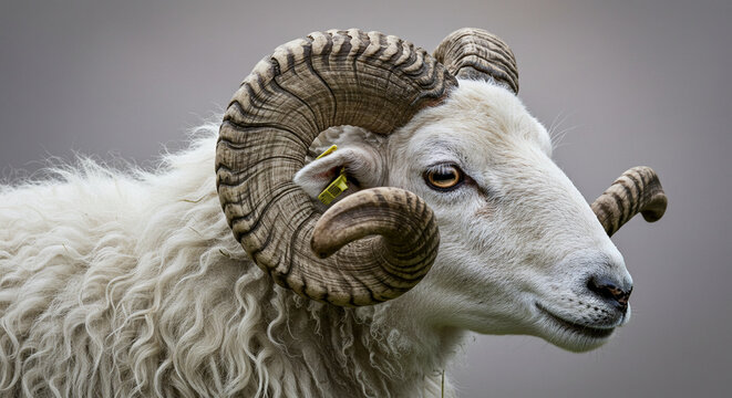 Hungarian Racka sheep, head close-up. Brad of sheep know for its unusual spiral-shaped horns