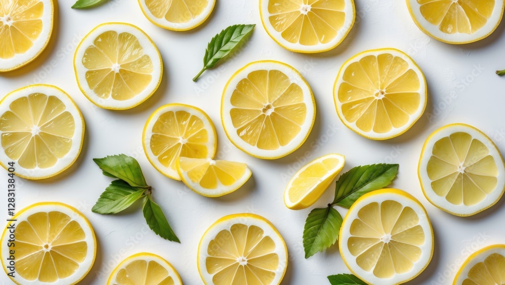 Aufkleber refreshing flat lay of fresh lemon slices arranged on a white background with green leaves for a vib