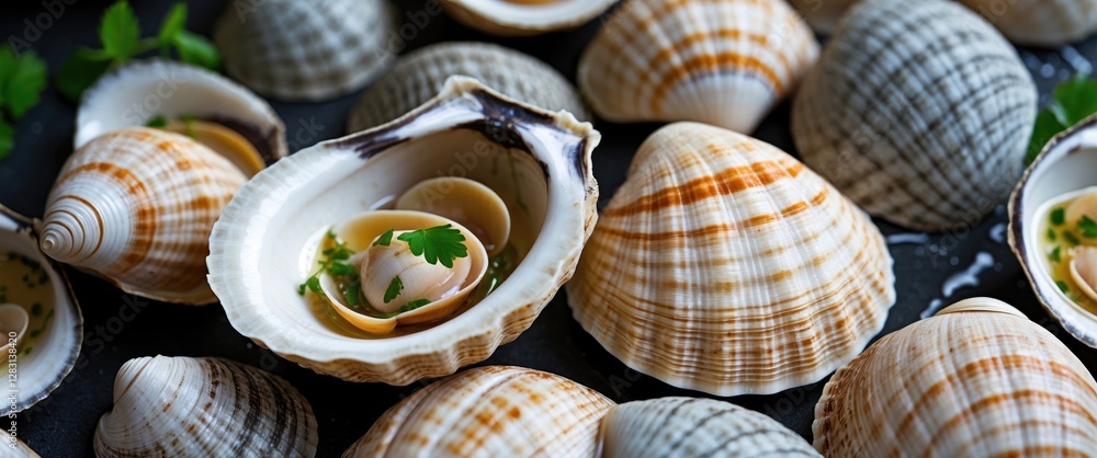 Poster elegant arrangement of fresh shells and clams displayed on a dark surface with garnish for culinary 