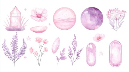 Manifestation Symbols, vibrant illustrations of vision boards and intention-setting elements, watercolor style on a white background, perfect for creative projects and inspiration.