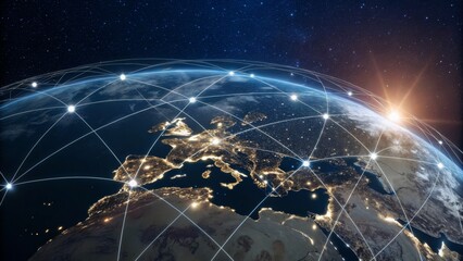 Global Network Earth at Night, Illuminated Cities and Interconnected Lines, Digital Connectivity, Sunrise, Planet Earth Global Networking, Digital Infrastructure