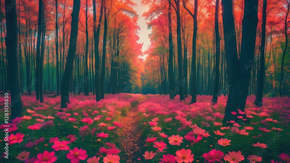 Aufkleber vibrant forest scene in transcarpathia featuring pink flowers and tall trees with empty space for te