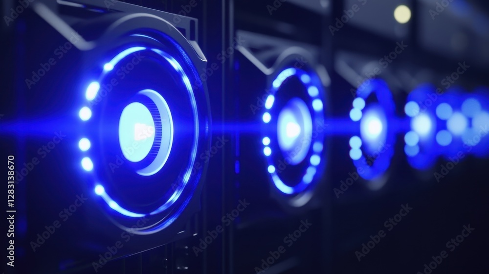 Poster a row of modern server racks displaying blue lights and indicators for data processing.